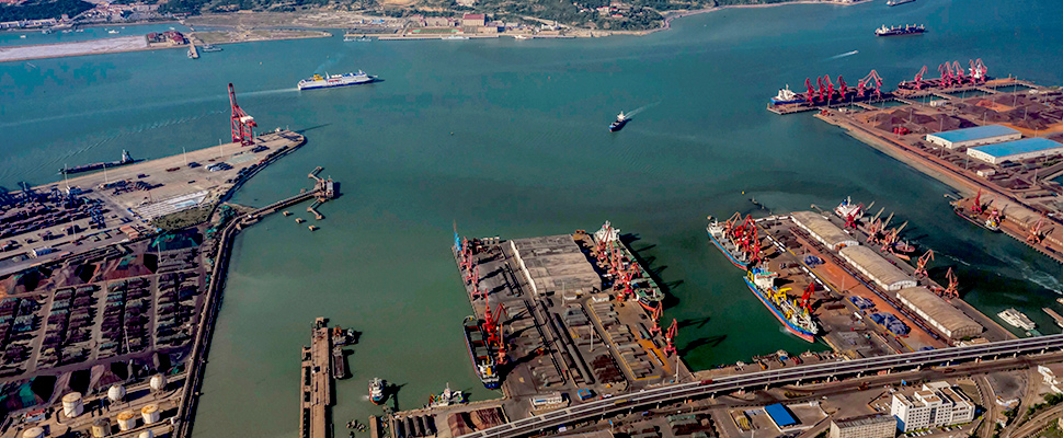 Aerial view of the logistics port in Lianyungang, Jiangsu Province (China)