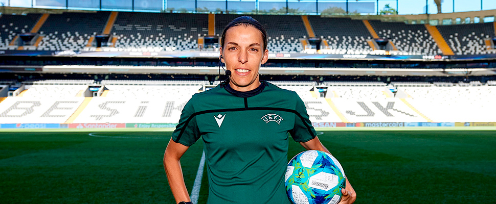 Main referee Stephanie Frappart of France posing with the official match ball ahead of the UEFA Super Cup Final