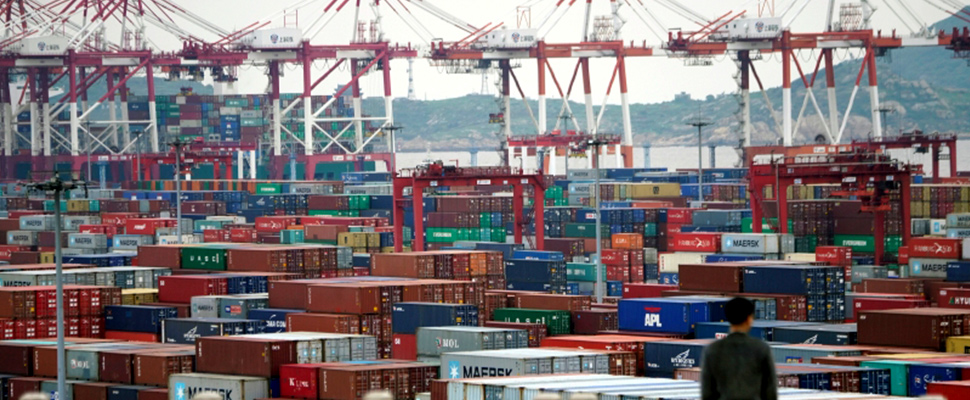 Man looking at a port with containers.