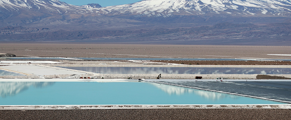 Brine pools of a lithium mine in the Atacama salt flat in Chile