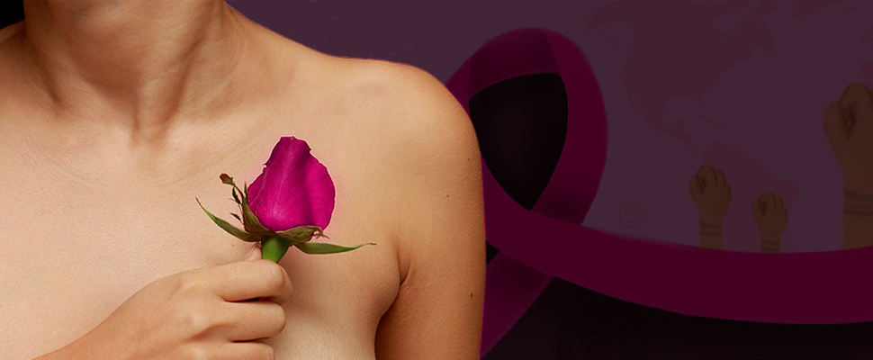 Woman holding a rose against her chest.