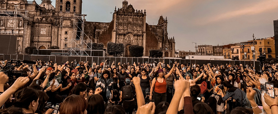 'A rapist in your path' chanted by women in the Mexico City Zocalo.