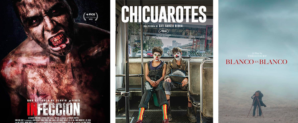 Posters of the films 'Infection', 'Chicuarotes' and 'Blanco en blanco'.