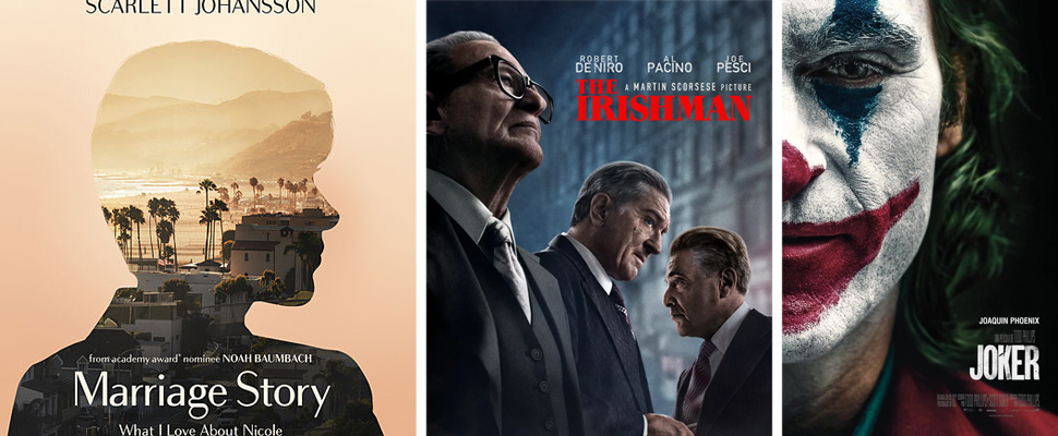 Poster of the films: 'Marriage Story', 'The Irishman' and 'Joker'.