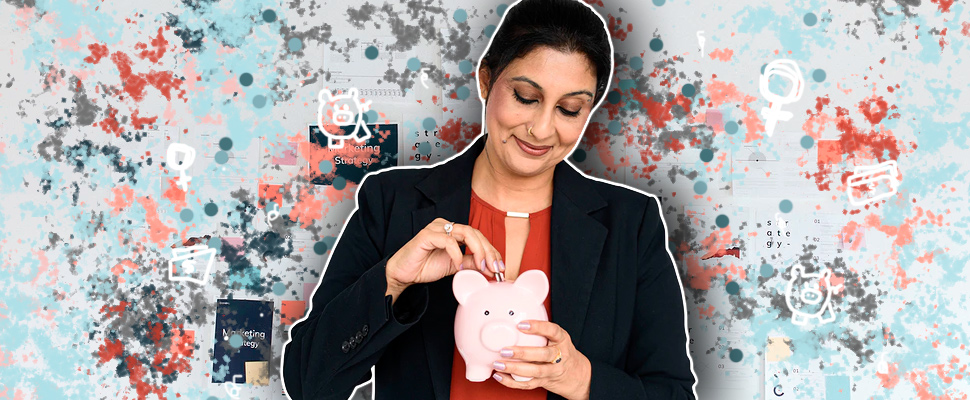 Woman saving money in a piggy bank.