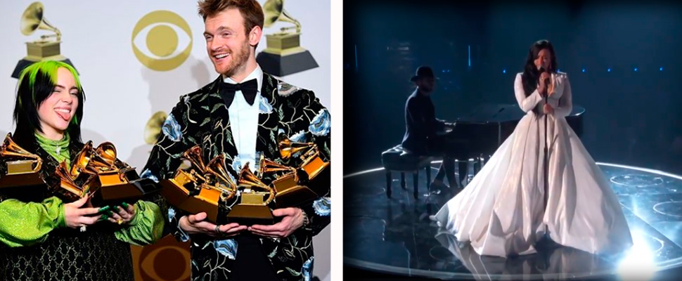 Billie Eilish and Finneas with their awards; Demi Lovato during her presentation at the Grammys.