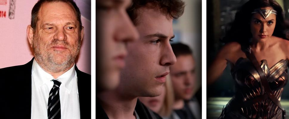 Harvey Weinstein, frame from the series 'For thirteen reasons' and frame from the movie 'Justice League'.