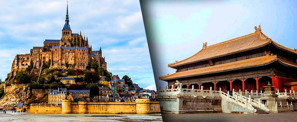 View of Mont Saint-Michel and Forbidden City in Beijing.