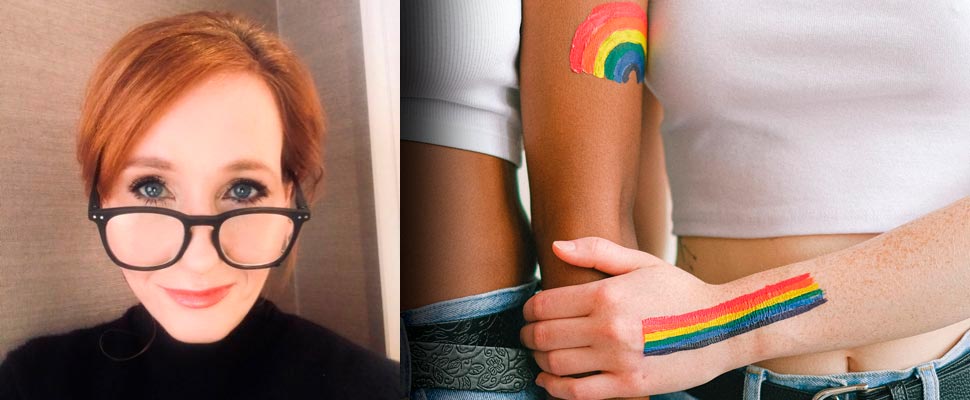 J.K. Rowling and two women with rainbow flags painted on their bodies.