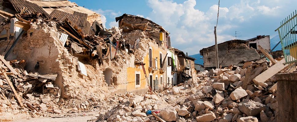 Ruined street after an earthquake.