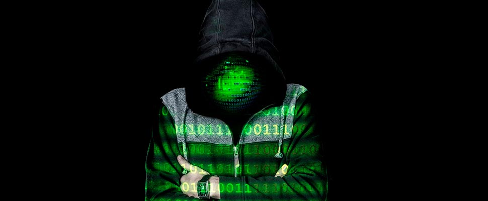 Man wearing a mask and code is projected onto him.