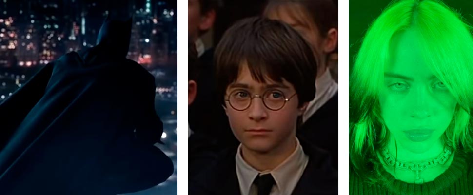 Frame from the movie 'The Batman', frame from the movie 'Harry Potter,' and Billie Eilish