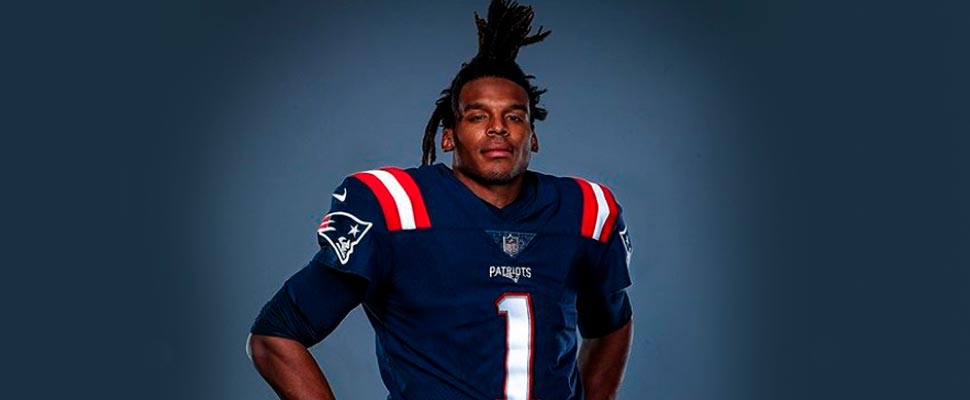 Cameron Newton wearing the New England Patriots uniform