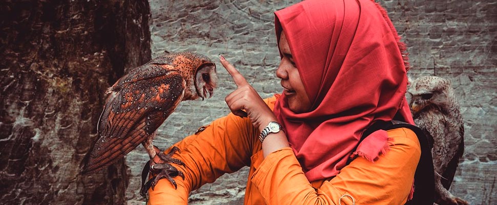 Woman holding an owl