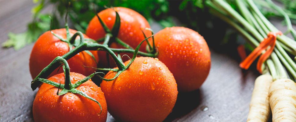 Tomatoes, carrots and radishes on a table