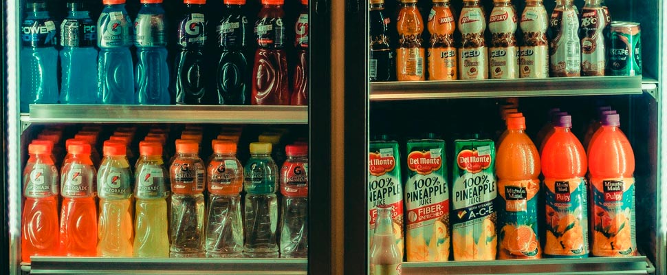 Variety of drinks in a fridge