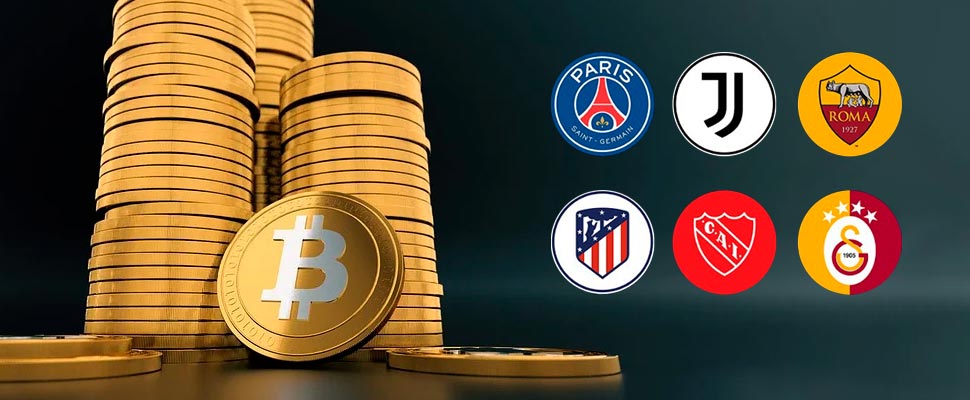 Bitcoin coins and football team logos