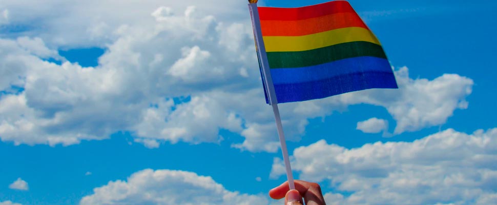 Hand holding an LGBT flag