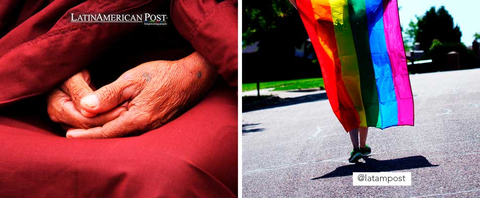 Hands of an elderly person and a person walking with the LGBT flag