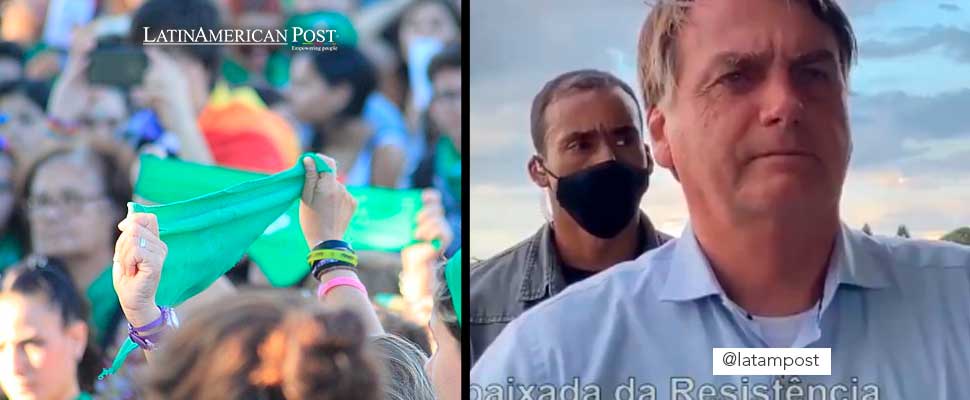 Woman holding a green scarf and Jair Bolsonaro