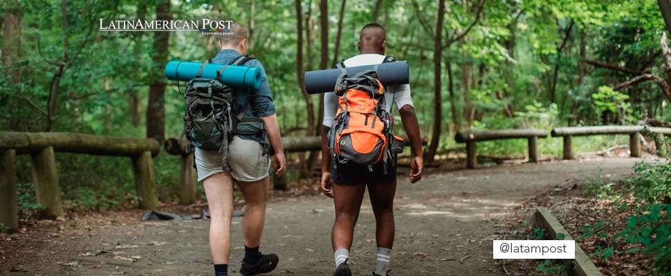 Two people walking on a road in the middle of the forest