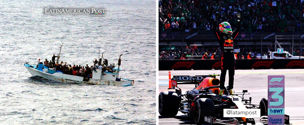 Boat with migrants in the middle of the ocean and Checo Pérez