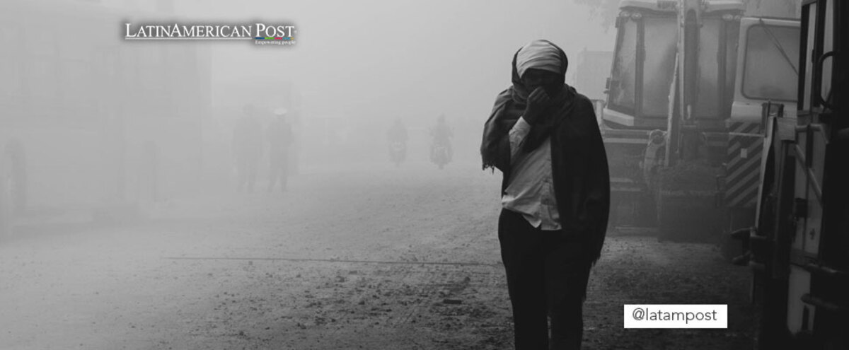 Person walking on a street with polluted air