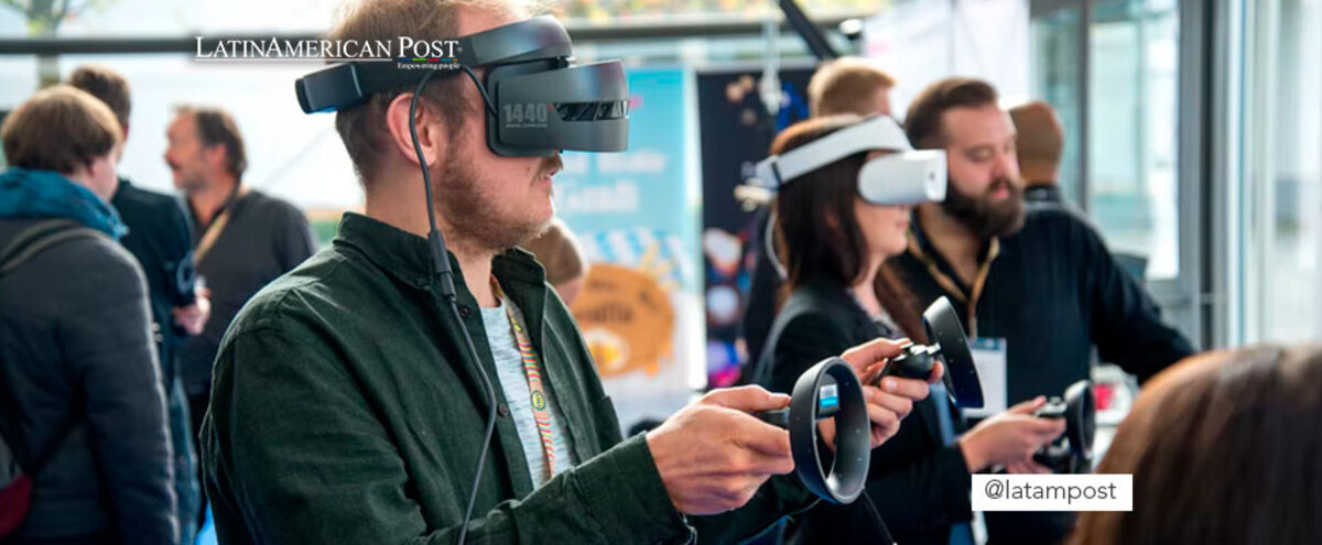 Man using virtual reality goggles inside an enclosure