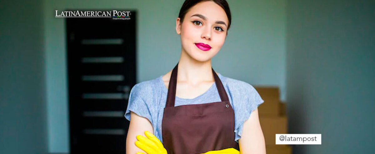 Woman using cleaning items