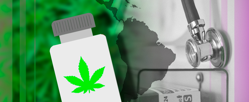 Envase de medicina con la silueta de una hoja de marihuana y de fondo el mapa de latinoamérica