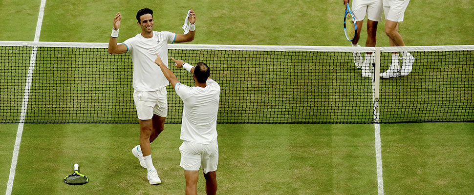 Colombia's Juan Sebastian Cabal and Robert Farah, celebrate during the men's doubles final match on day twelve of the Wimbledon Tennis Championships in London