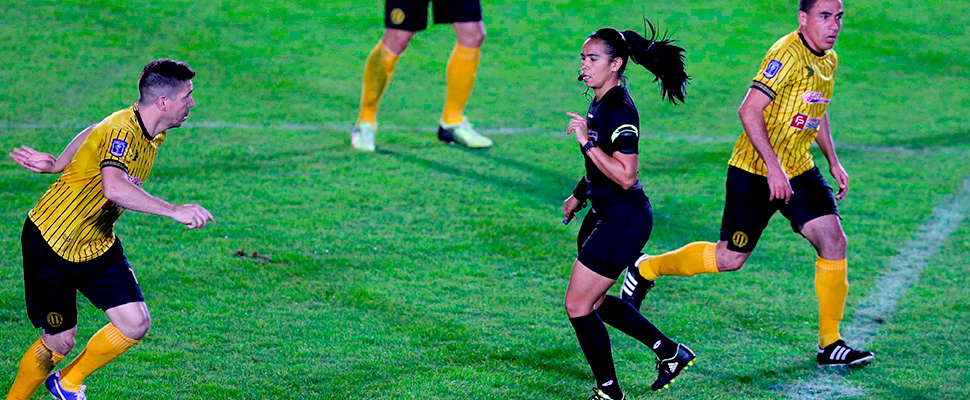 Referee Carmen Gomez in action during her Paraguay Cup match in San Estanislao, Paraguay July 19, 2019