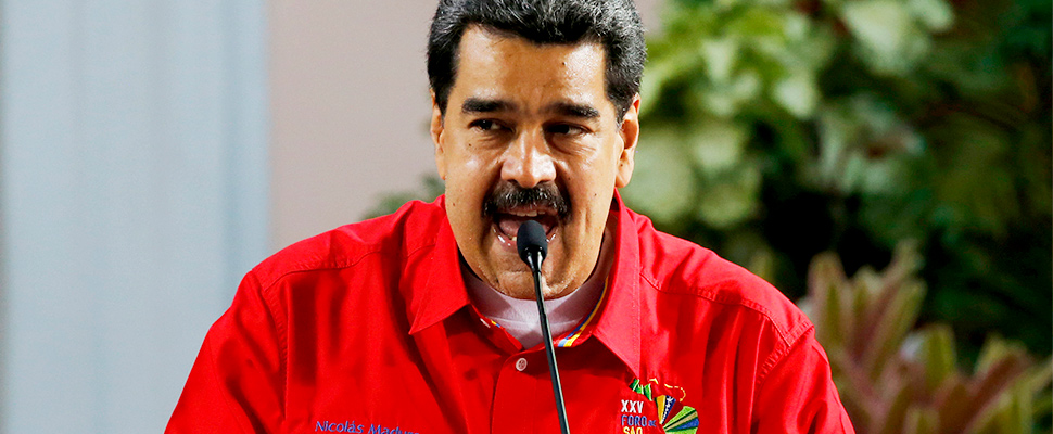 Venezuela's President Nicolas Maduro speaks during the closing ceremony of the Sao Paulo Forum at Miraflores presidential palace in Caracas